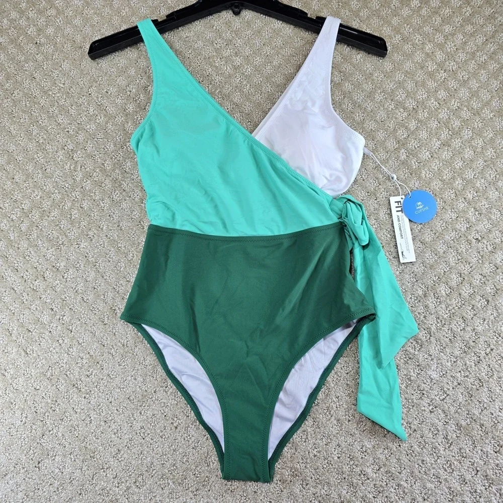 Cupshe One Piece Swimsuit Green White Colorblock Tie Waist Size M NWT - Picture 2 of 9
